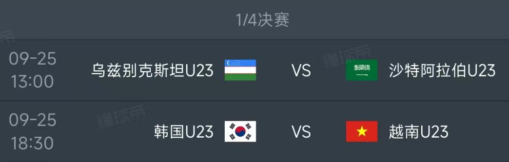 北京时间9月25日，今日的亚运男足1/4决赛安排了两场比赛，赛程如下：

第一场