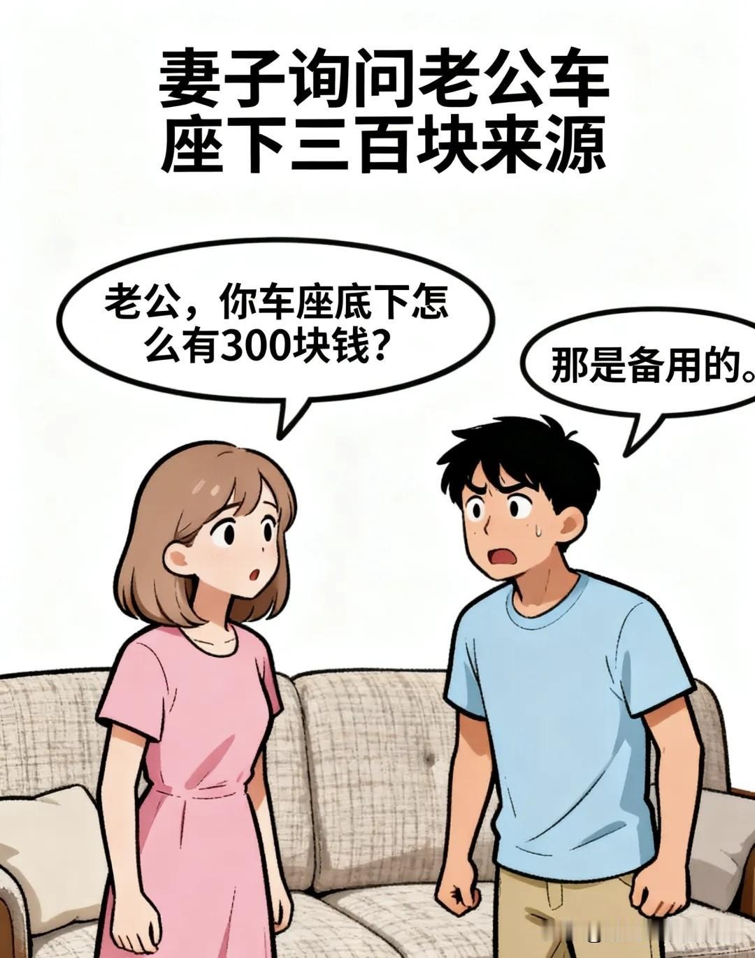 趣味漫画：老婆问：你车座底下怎么有300块钱？老公说：备用交停车费。老婆说：收好