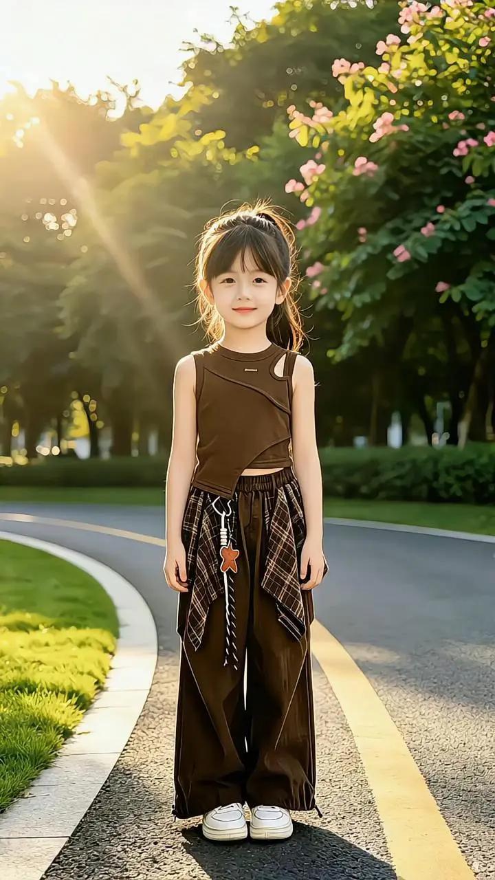 女童夏季辣妹套装太绝啦🥰。美拉德复古咖色超显气质，不对称镂空背心个性又时髦，阔