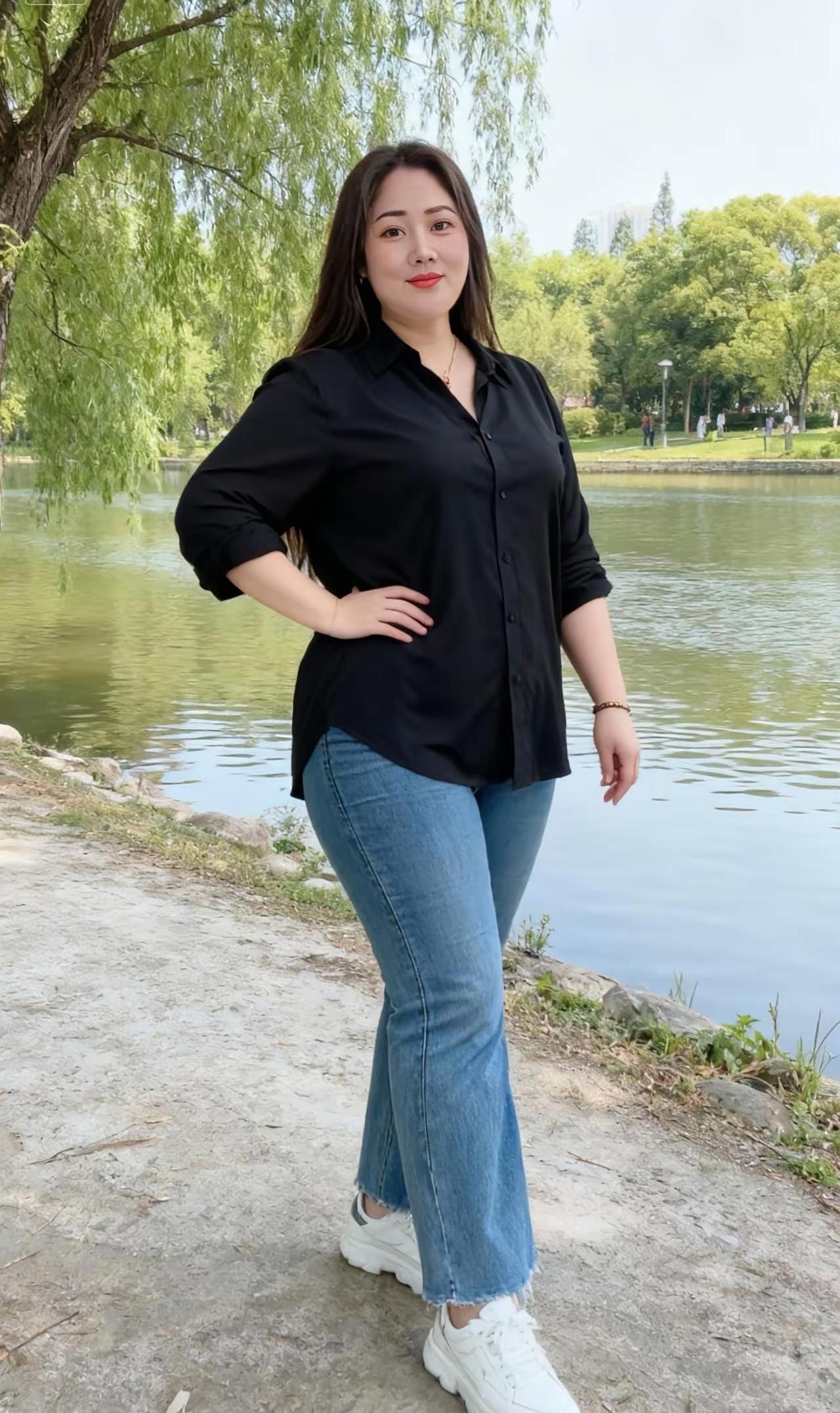 冬日生活打卡季 一个穿黑衬衫和牛仔裤的女士在湖边拍照。