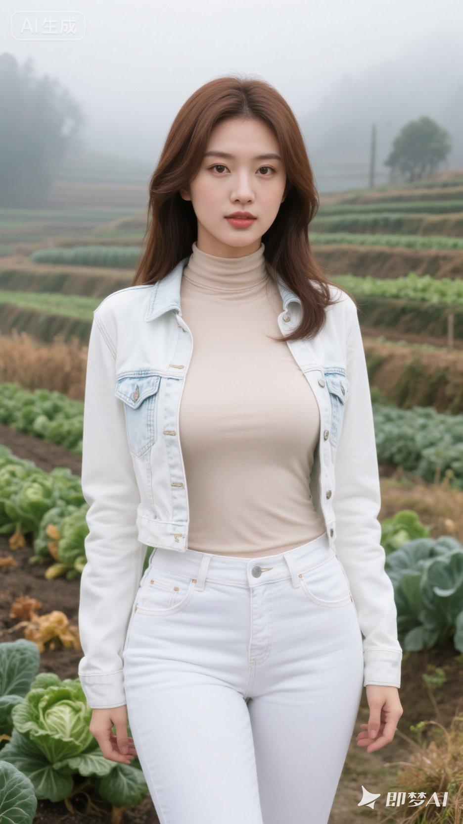 田园少女风，牛仔外套搭配高领毛衣，清新自然。
