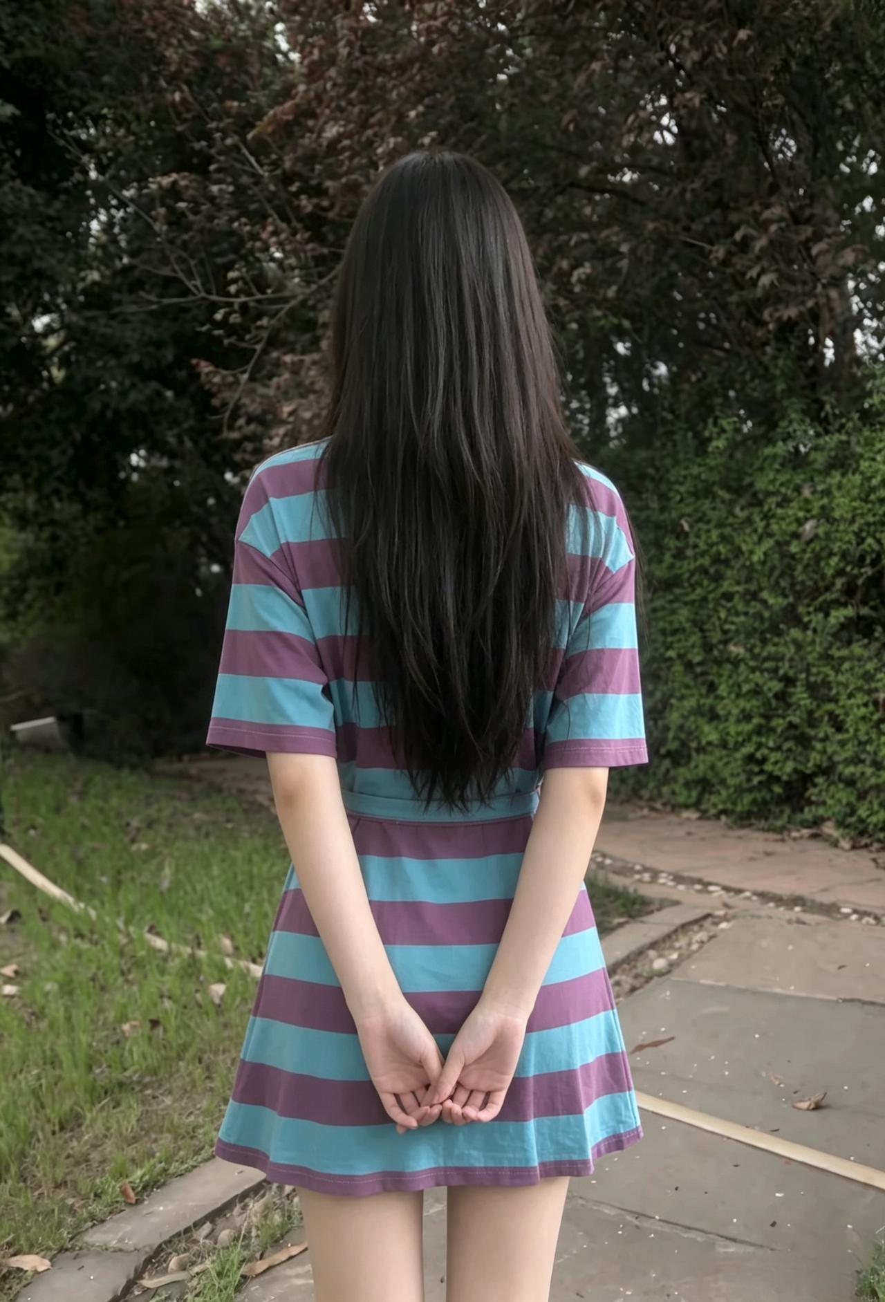 紫蓝相间裁轻裙，慢步街边趁午温。
回首林间风软软，寻常朝暮也温存。