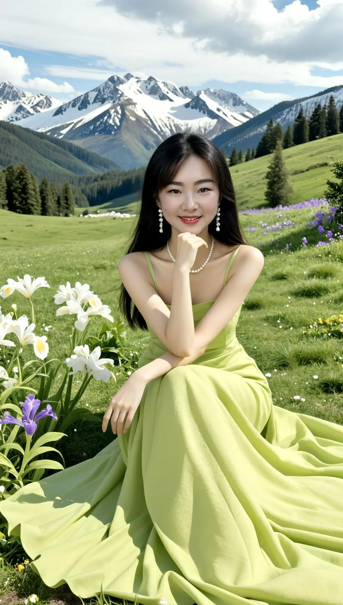 AI雪山草地写真感 ai创作 甜美状容 清纯微笑写真 清新自然型风格