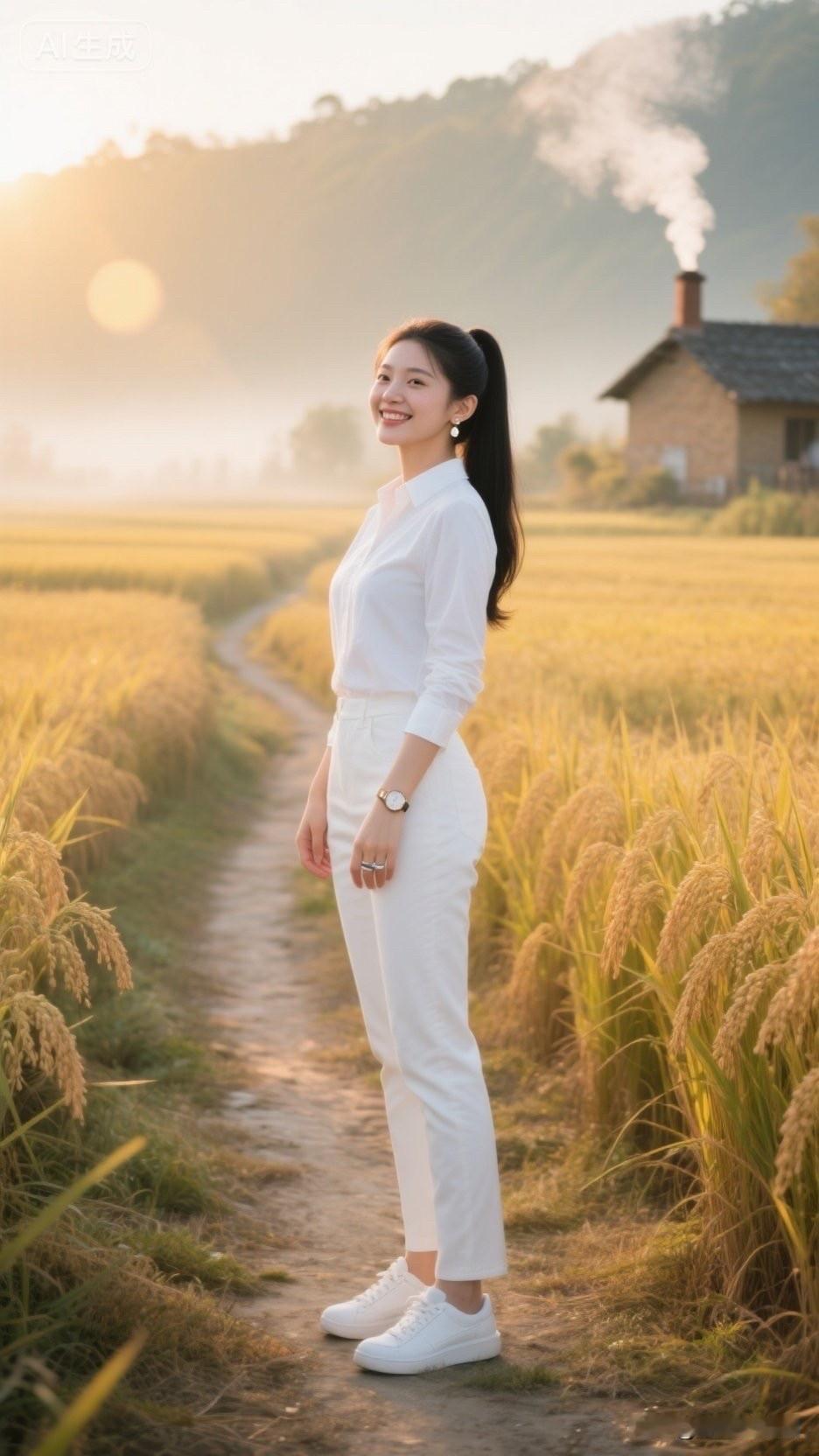 田园风光中的甜美笑容，白色穿搭与自然相得益彰。