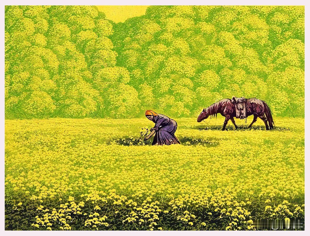 北大荒版画里的夏日草原，漫山黄花漫山温柔

老版画 北大荒 《夏日》张祯麒 20