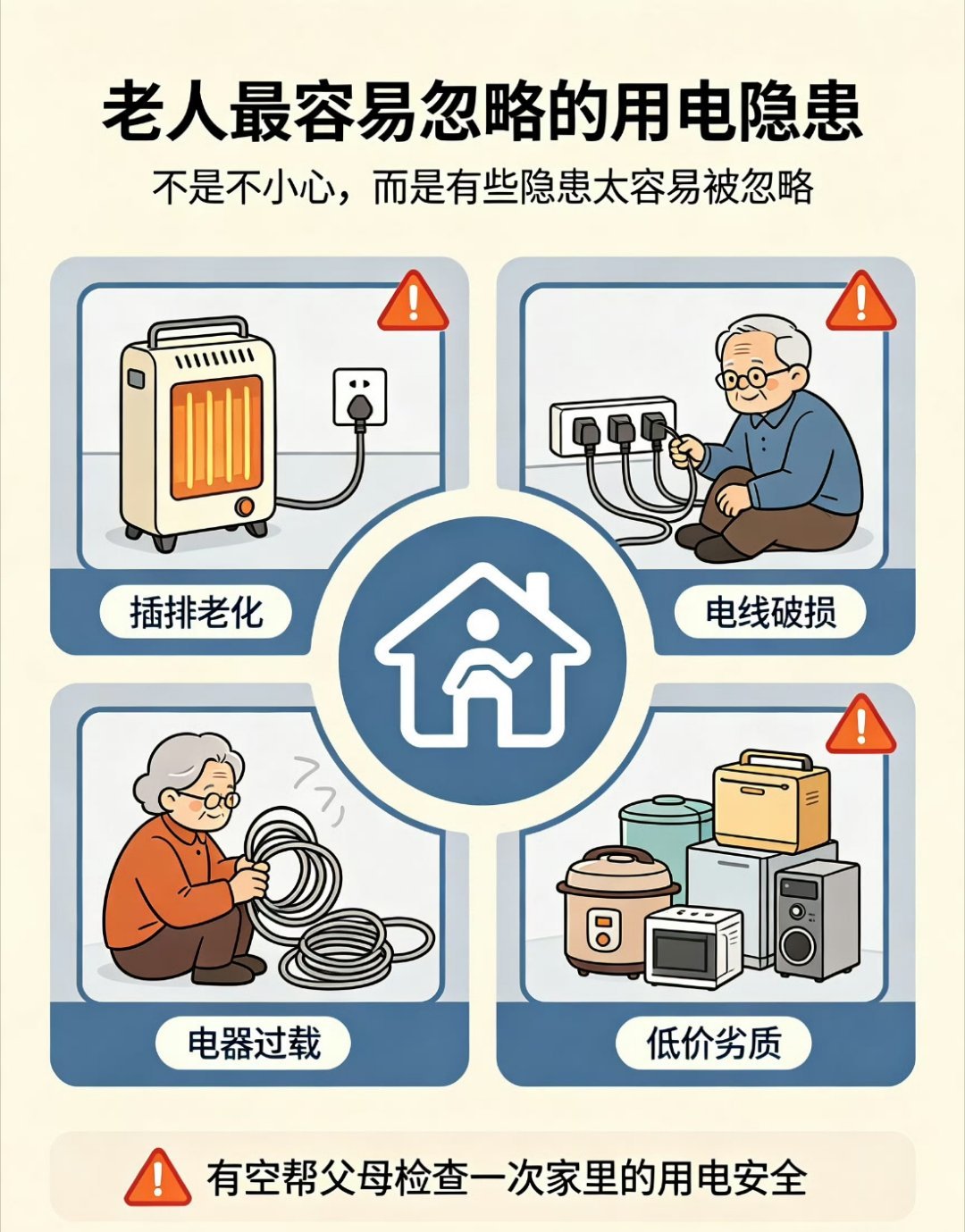 仔细观察后发现，长辈用电盲区高度集中：老旧家电长期通电待机、单排插超负荷带多个大