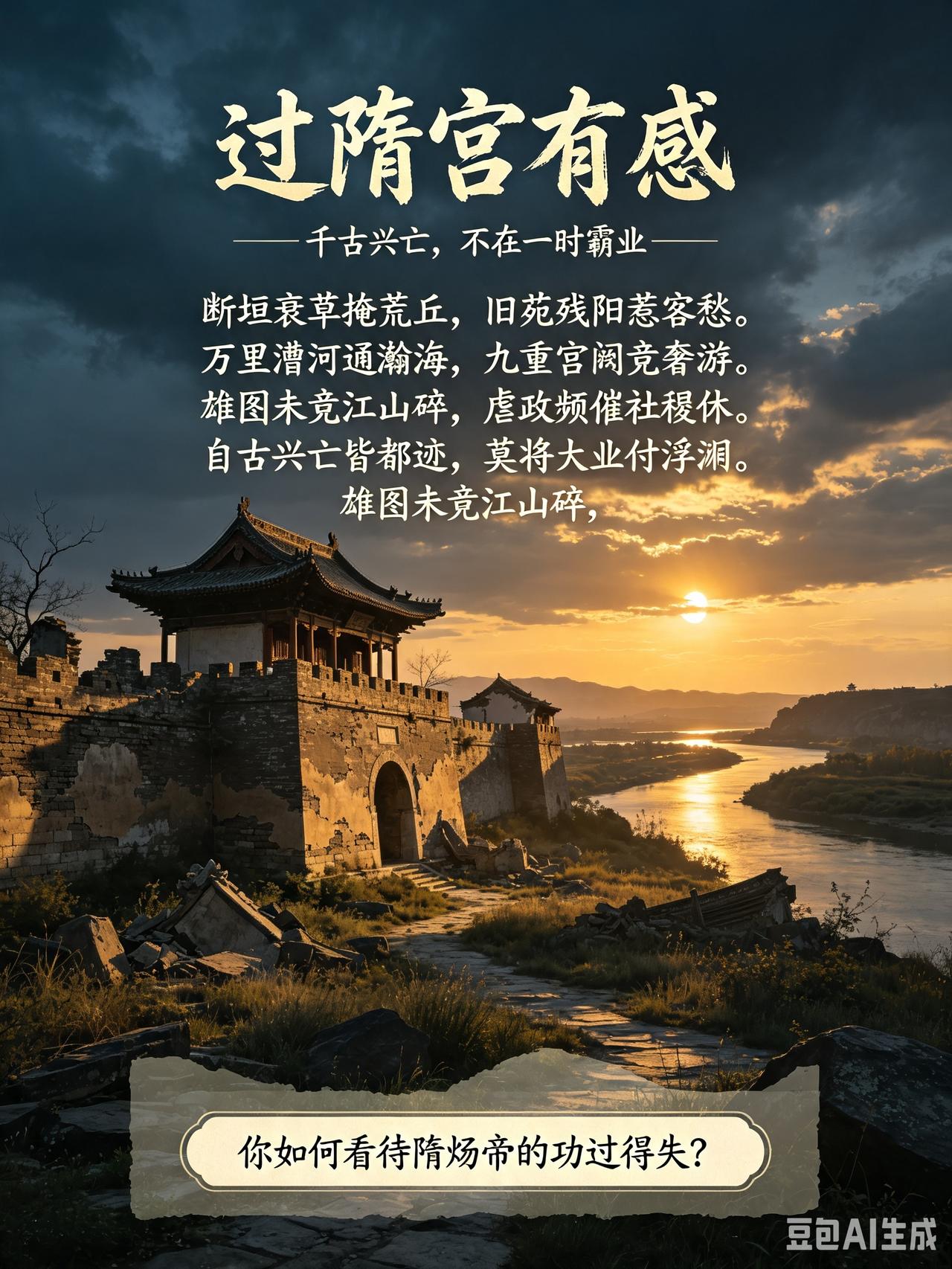 凭吊隋宫残迹，回望大业一朝。隋炀帝曾怀吞吐四海之志，开运河、修驰道，奈何好大喜功