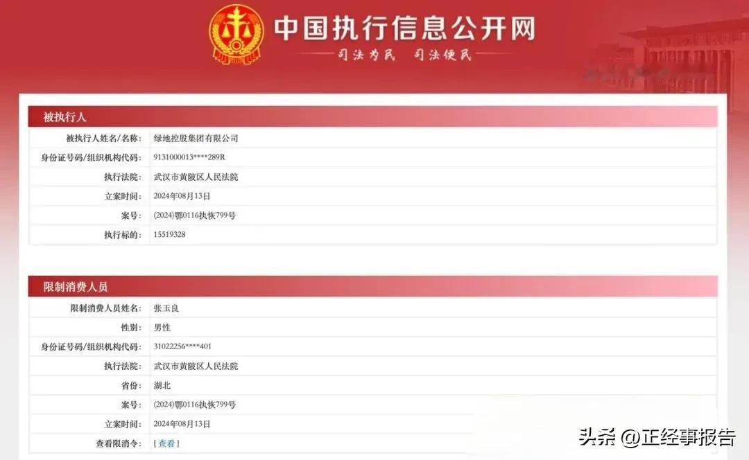 武汉黄陂区法院公布来限制高消费名单中竟然有上海绿地控股的董事长?这是真的，因为绿