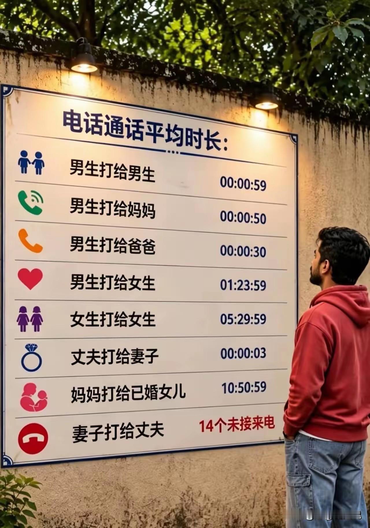 电话通话平均时长，太形象了！这是谁统计的真是人才啊！

男人打给男人，一分钟内完