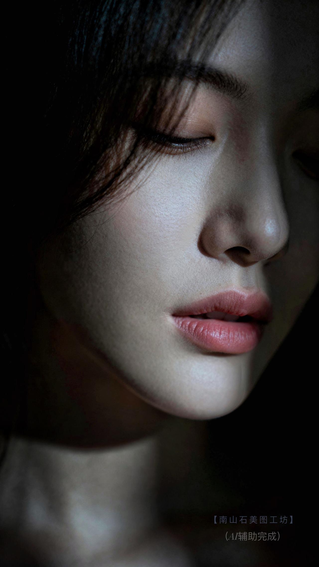暗调光影如墨绘，睫羽轻垂藏星芒，瓷肌泛柔光，唇若樱瓣漾绯色。每一寸轮廓都写满不言