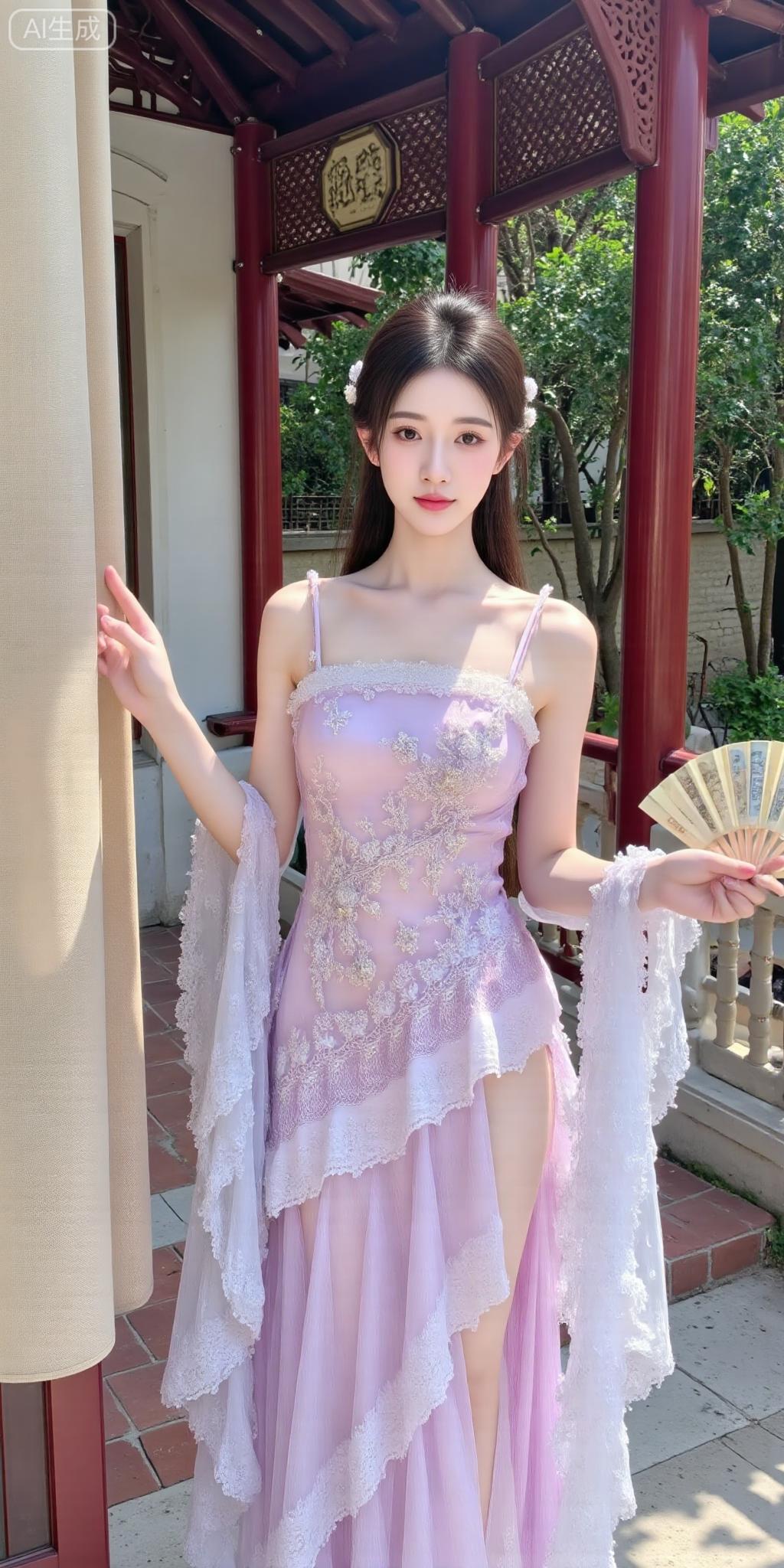 蕾丝绣裙衬佳人，中式庭院里的清冷仙姬古典蕾丝 气质刺绣裙