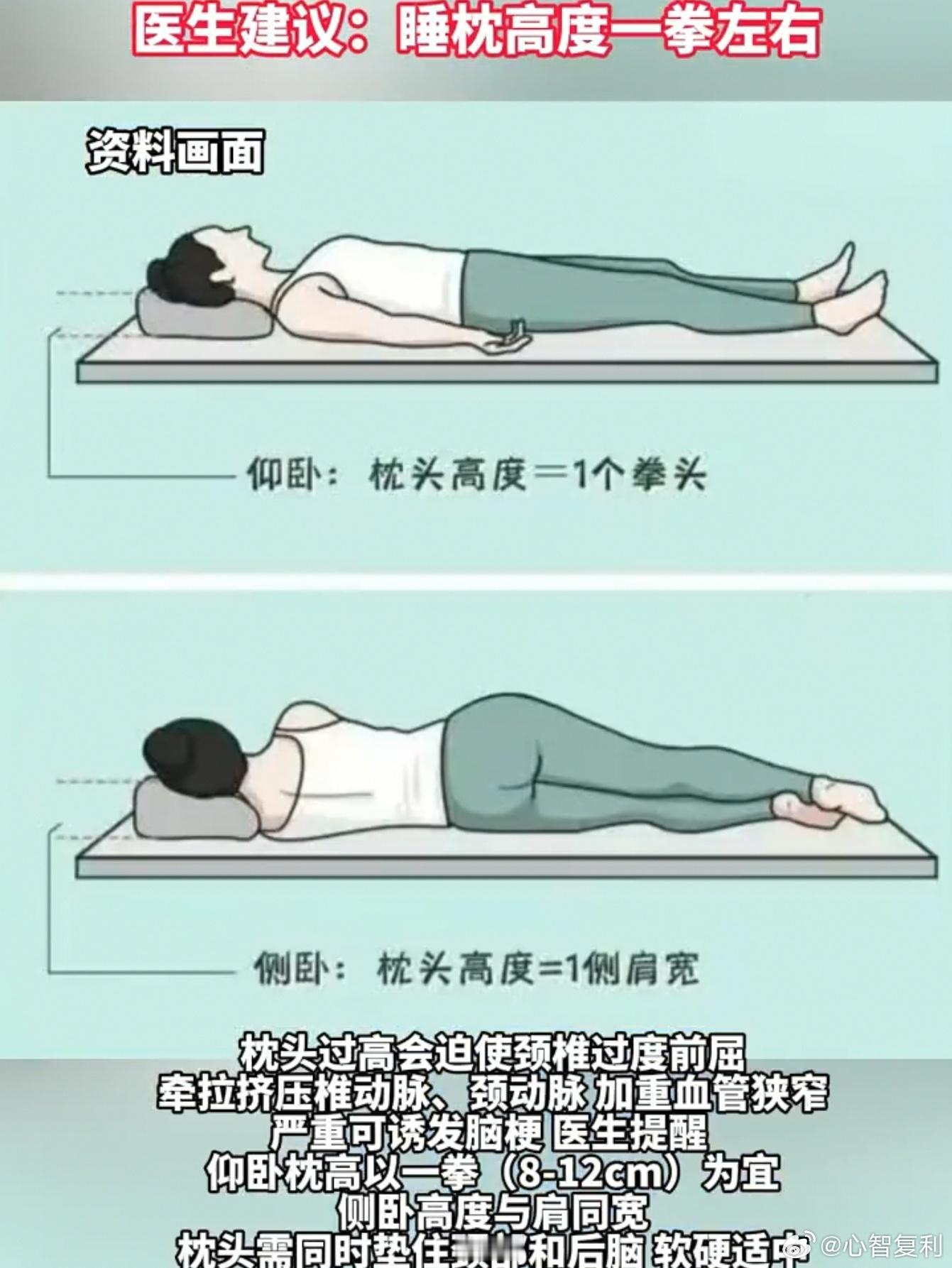 很多人以为"护颈椎=睡高枕"，大错特错！标准答案是：· 仰卧：一拳高（8-12c
