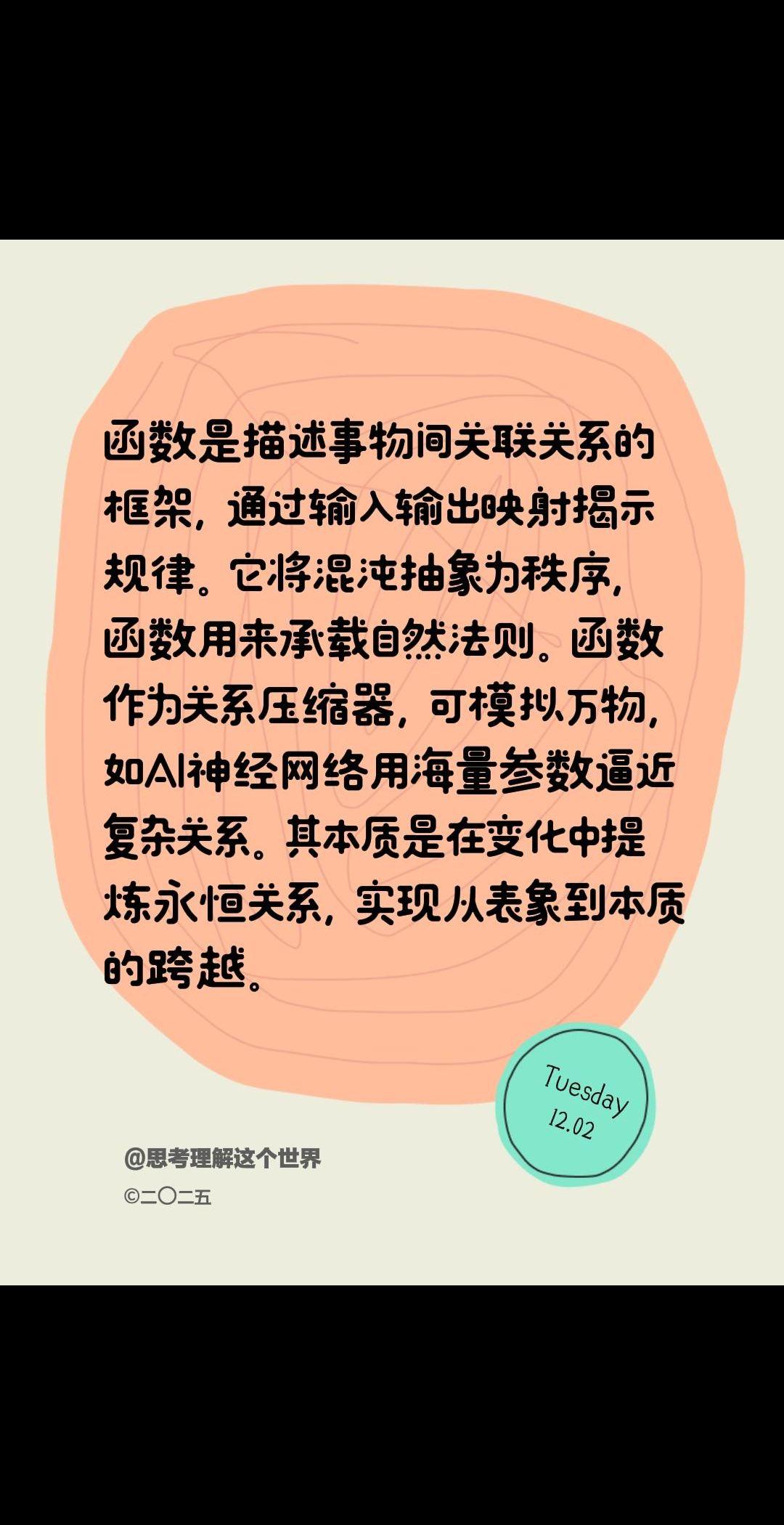 函数是描述事物间关联关系的框架，通过输入输出映射揭示规律。它将混沌抽象为秩序，函