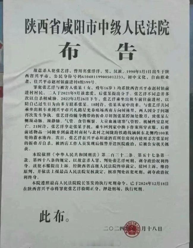 近日，陕西咸阳市中级人民法院公布了一起杀人案件的详细调查报告。艺人张艺洋于202