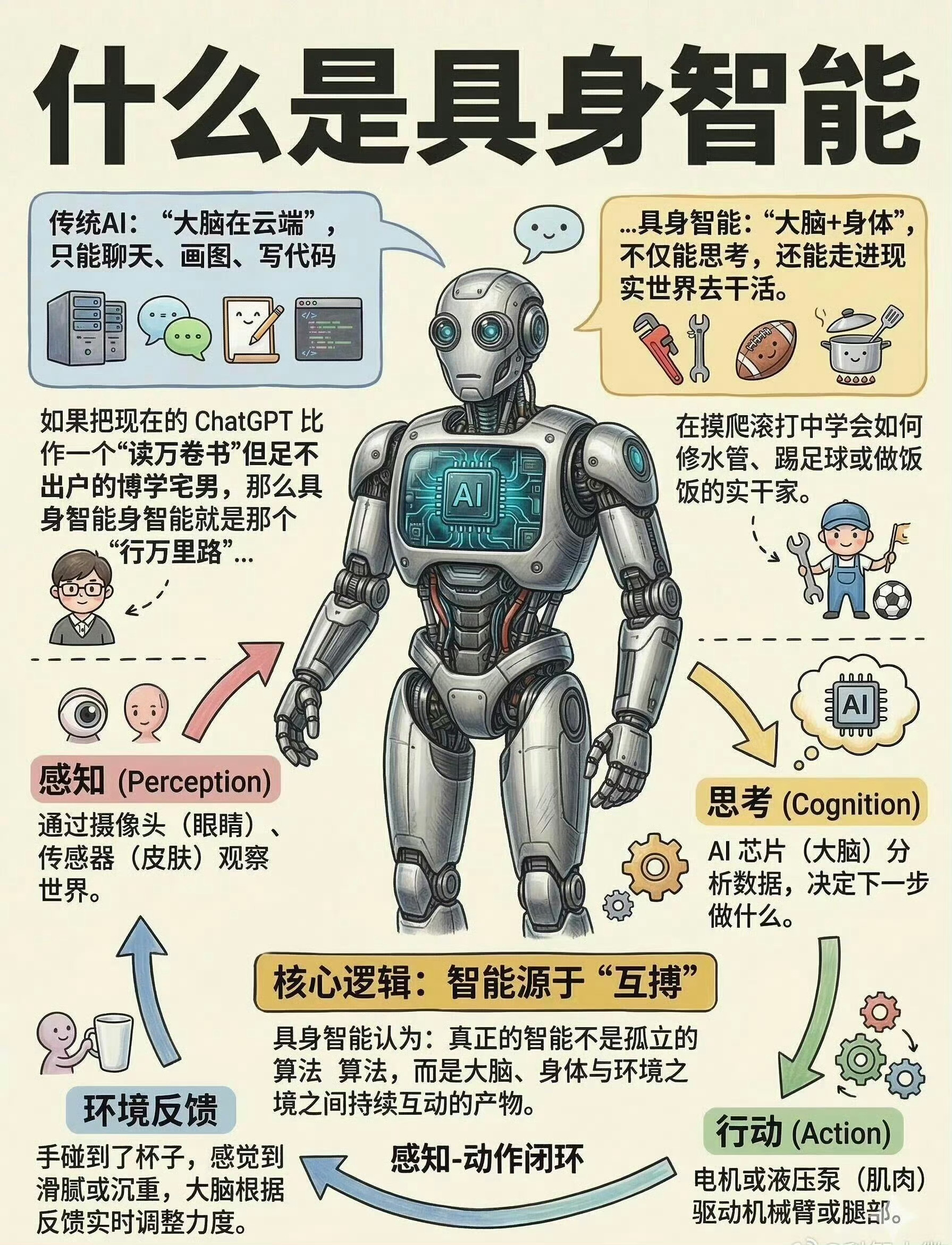 什么是具身智能？它的大脑是什么？简单说，就是给强大的 AI 大脑装上一个能跑、能