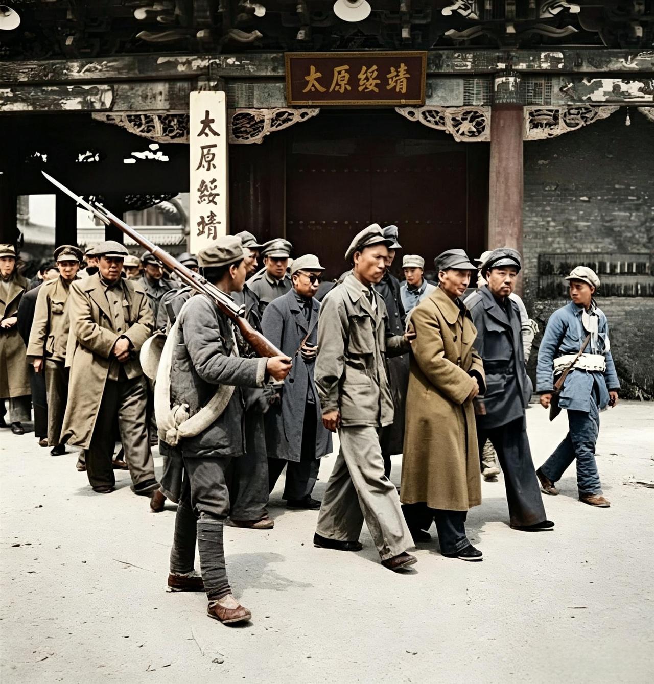 这是一九四九年四月二十四日上午九时，解放军尖刀战士许义保带领突击班率先冲进太原绥