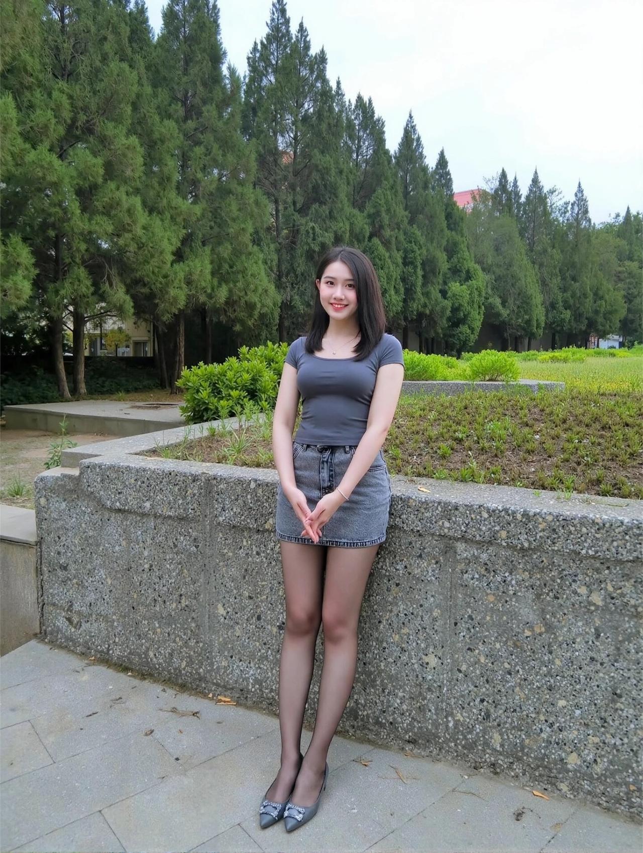 |||在树边和矮墙旁边拍了几张，整组看着很清爽。
灰色修身短袖搭牛仔短裙，配了黑