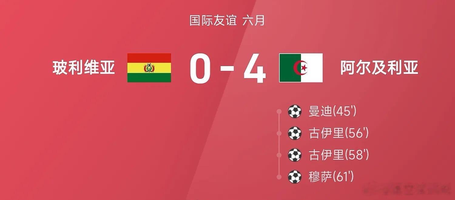 6月11日在刚刚结束的国际友谊赛中，阿尔及利亚4-0大胜玻利维亚，马赛前锋古伊里