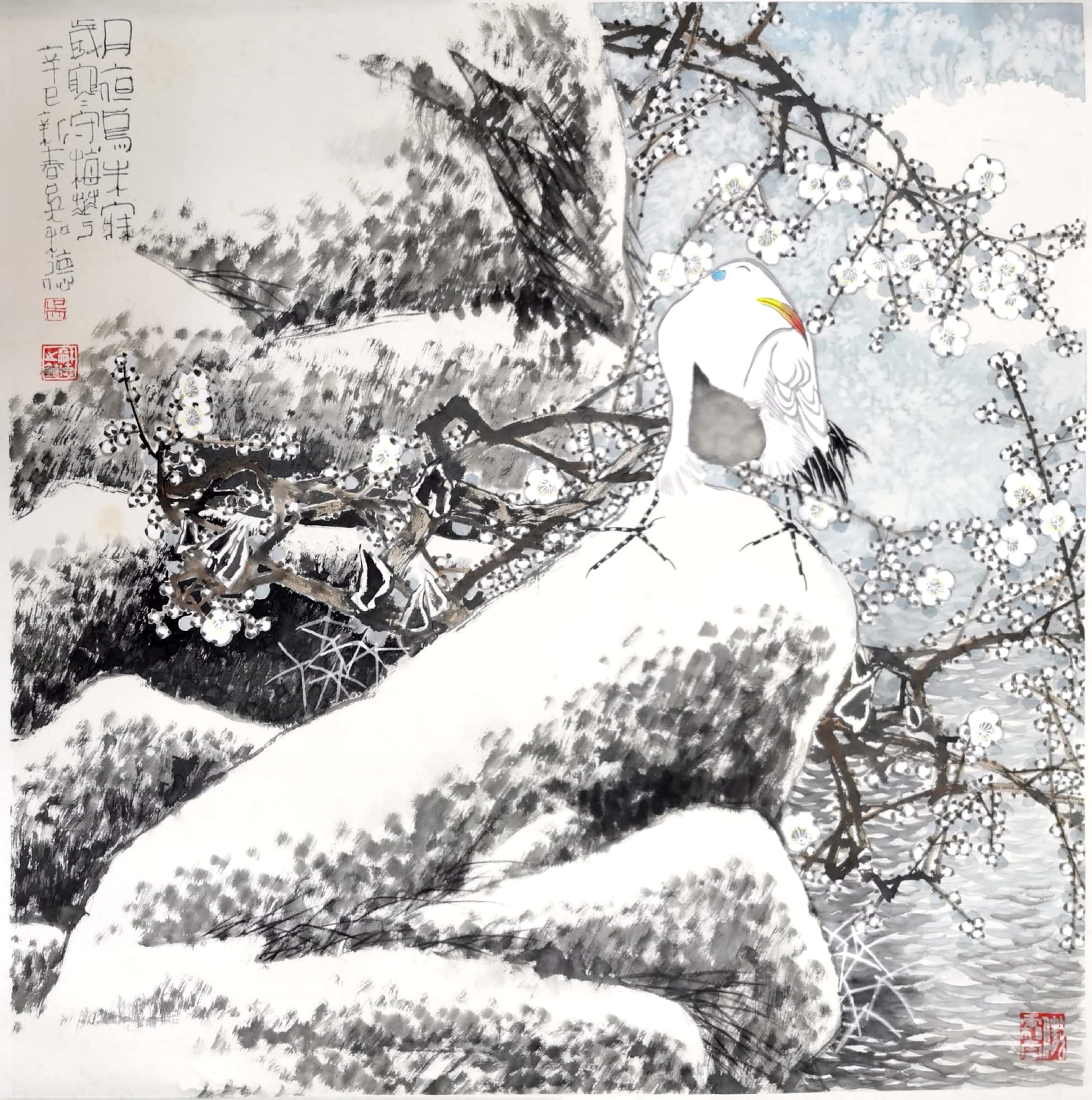 《雪夜梅鹤图，一帧寒中暖》雪覆岩、枝横斜，白梅疏朗，朱顶鹤昂首凝望。墨色浓淡间，