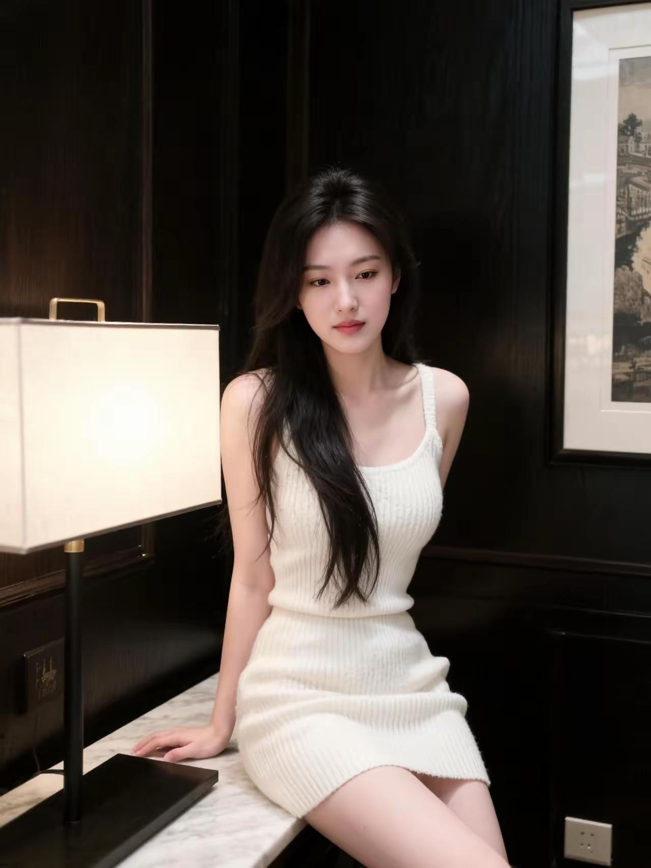 一个穿白裙子的女孩坐在桌边。