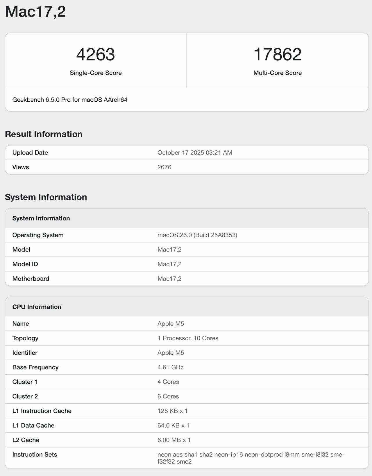苹果M5 MacBook Pro跑分：单核4263，多核17862
苹果M4 M