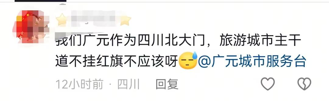 网友反映广元作为四川北大门，旅游城市主干道不挂红旗，不应该！
