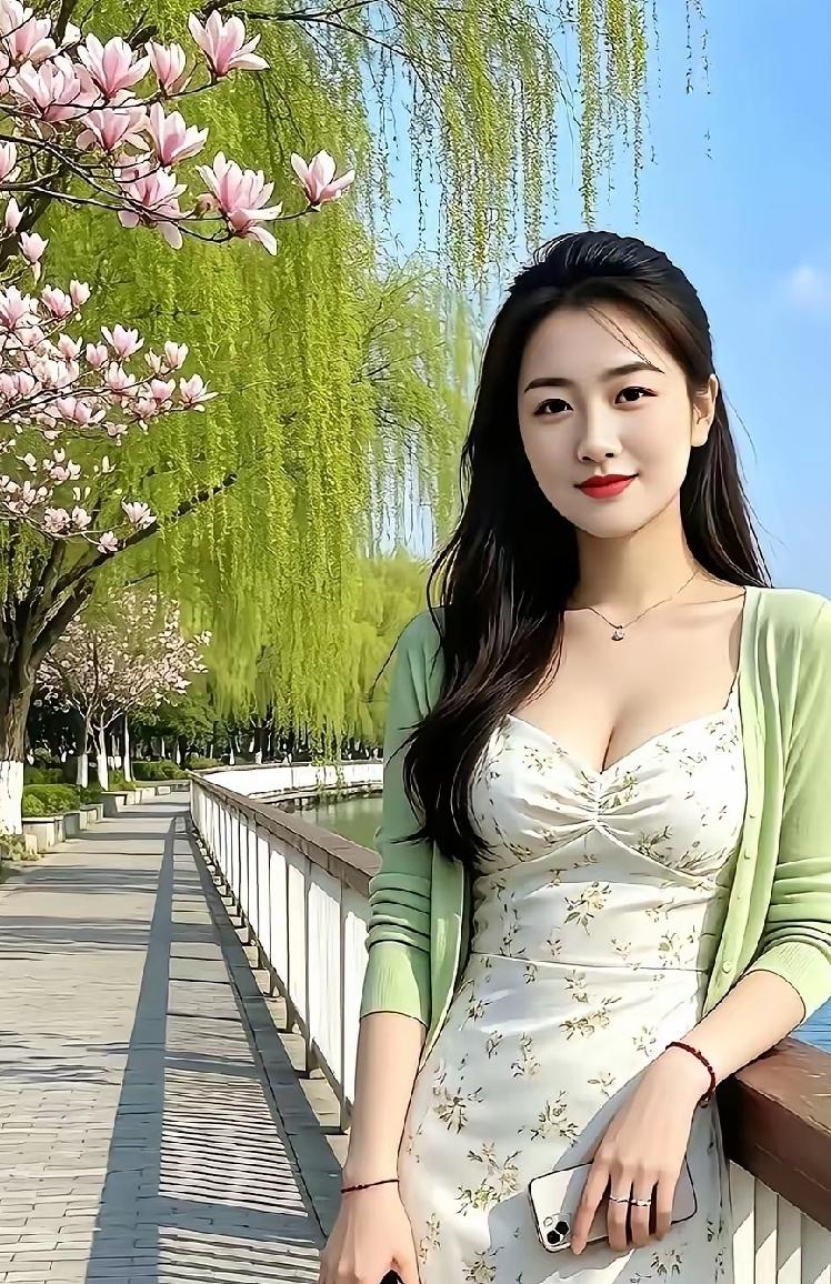 她站在花树旁，笑容甜美。为了拍出她最美的瞬间，摄影师选择了侧光角度，让光线从侧面