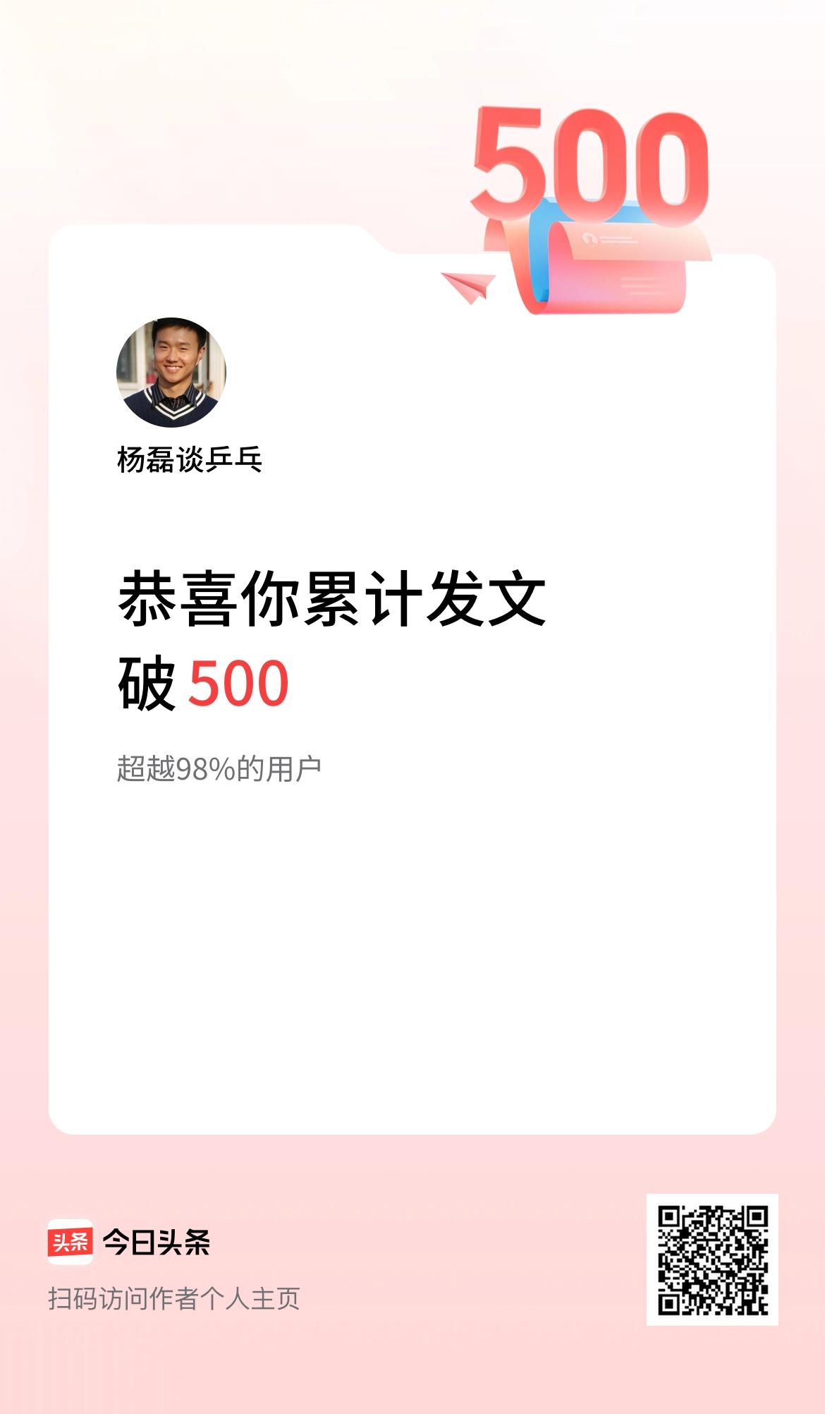 我在头条累计发布内容破500啦！