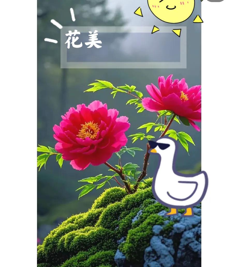 花美鸭亦俏，春意满枝头。一树两花争艳 花枝招展景色美