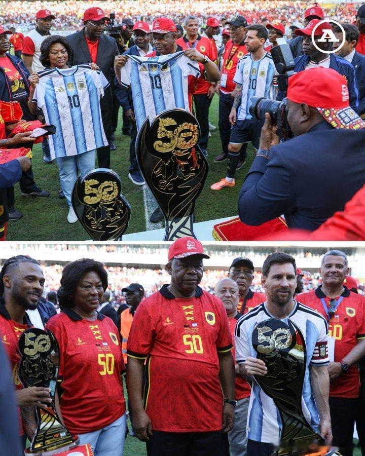 阿根廷与安哥拉比赛前，梅西将球衣赠予安哥拉总统，总统回赠他一座纪念安哥拉独立50