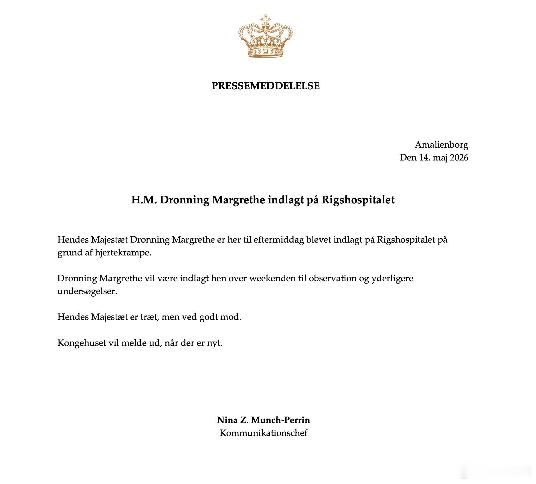丹麦王室 🇩🇰5月14日，玛格丽特女王因为心脏病发作被紧急送往医院。女王陛下