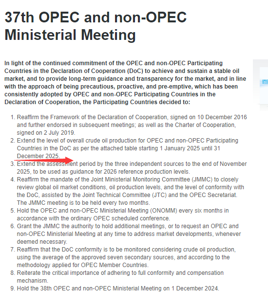 【OPEC+公告：延长OPEC+的整体性石油减产协议至2025年年底】 据OPE