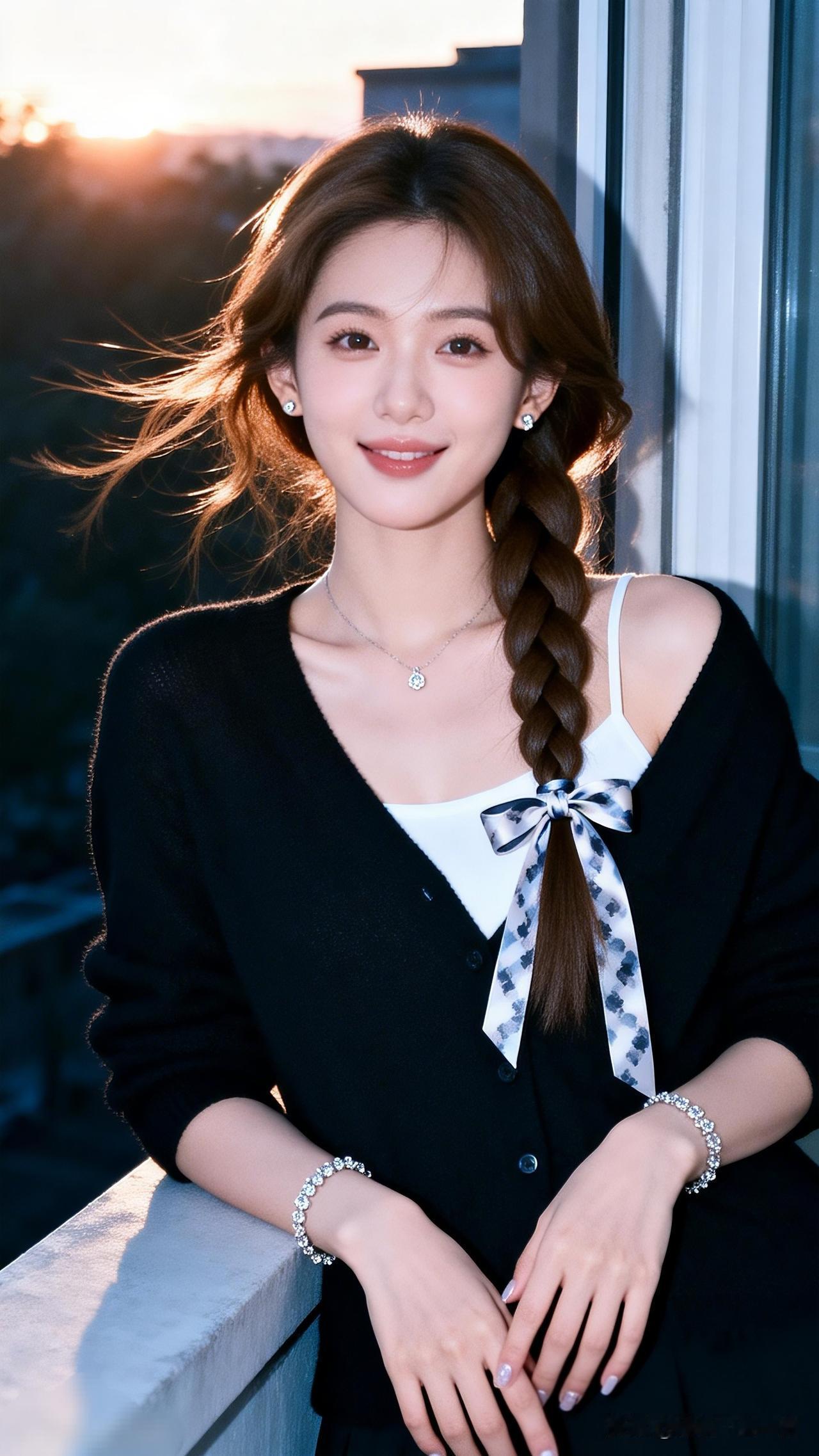 日暮倚栏干，风暖看花枝。晒出美丽身影 阳光下的甜美少女，温柔微笑，黑发编辫，黑白