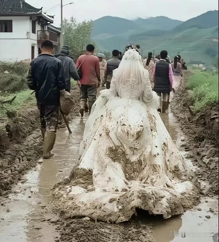 既然是这种路，何必穿婚纱穿一套得体的衣服岂不更好