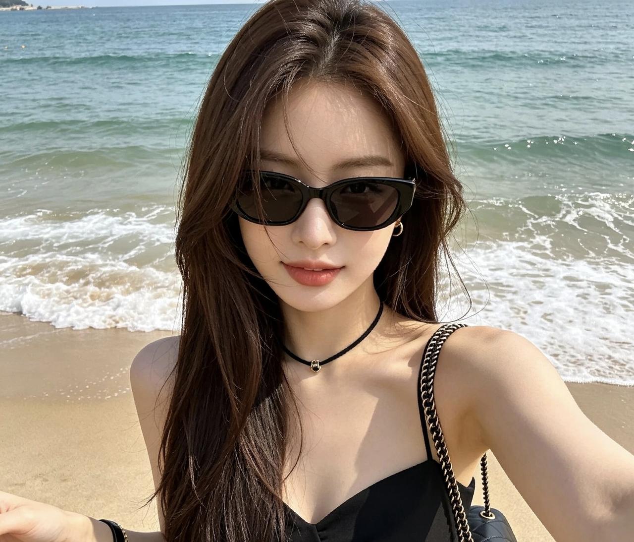 海边的阳光少女，墨镜和黑裙的完美搭配，沙滩上的清新自拍