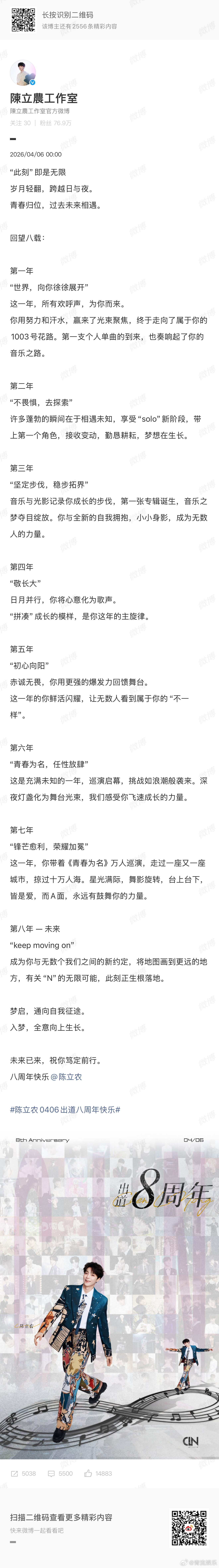 陈立农出道八周年工作室长文 陈立农出道八周年，发长文。“未来已来，祝你笃定前行。