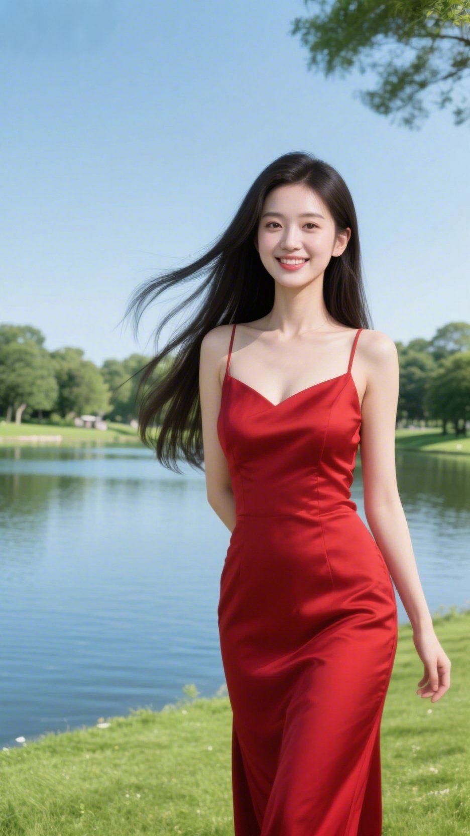 红裙映湖的柔清
 
晴光铺满湖畔时，她踩着草色走来——红裙似揉碎的霞轻裹周身，柔