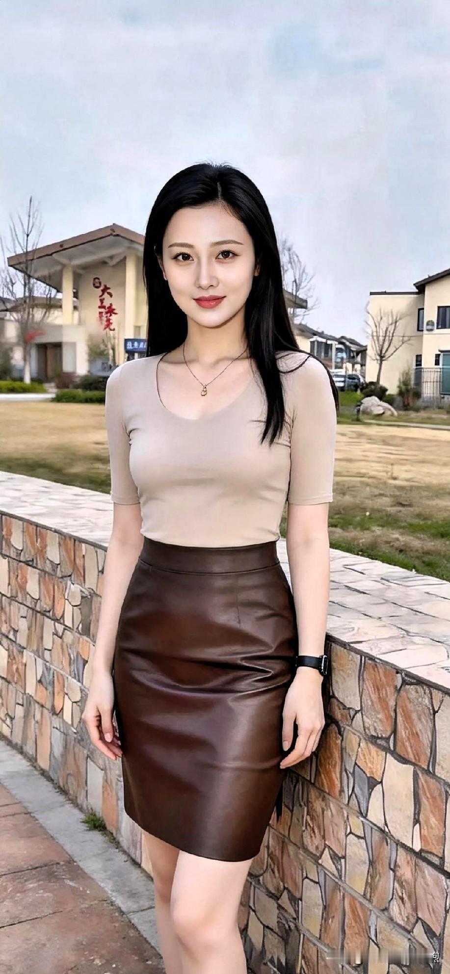 暖阳轻抚石墙，温婉佳人静立。裸色上衣衬出清雅，棕裙流转知性。青丝如瀑，眸含春水，