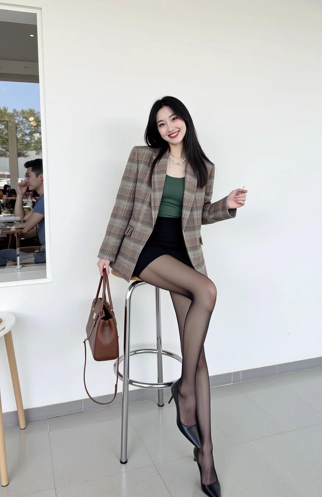 优雅职场风，格纹西装搭配黑色丝袜，自信微笑，尽显女性魅力！
咖啡杯旁的格纹
 