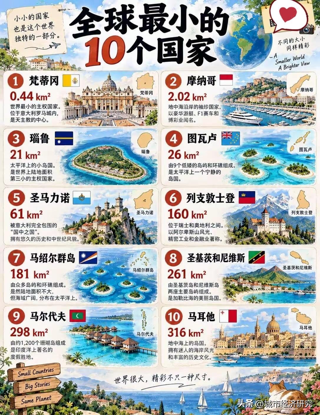 世界面积最小的十个国家名单情况，图片里属于世界面积最小的十个国家名单，上榜这些国