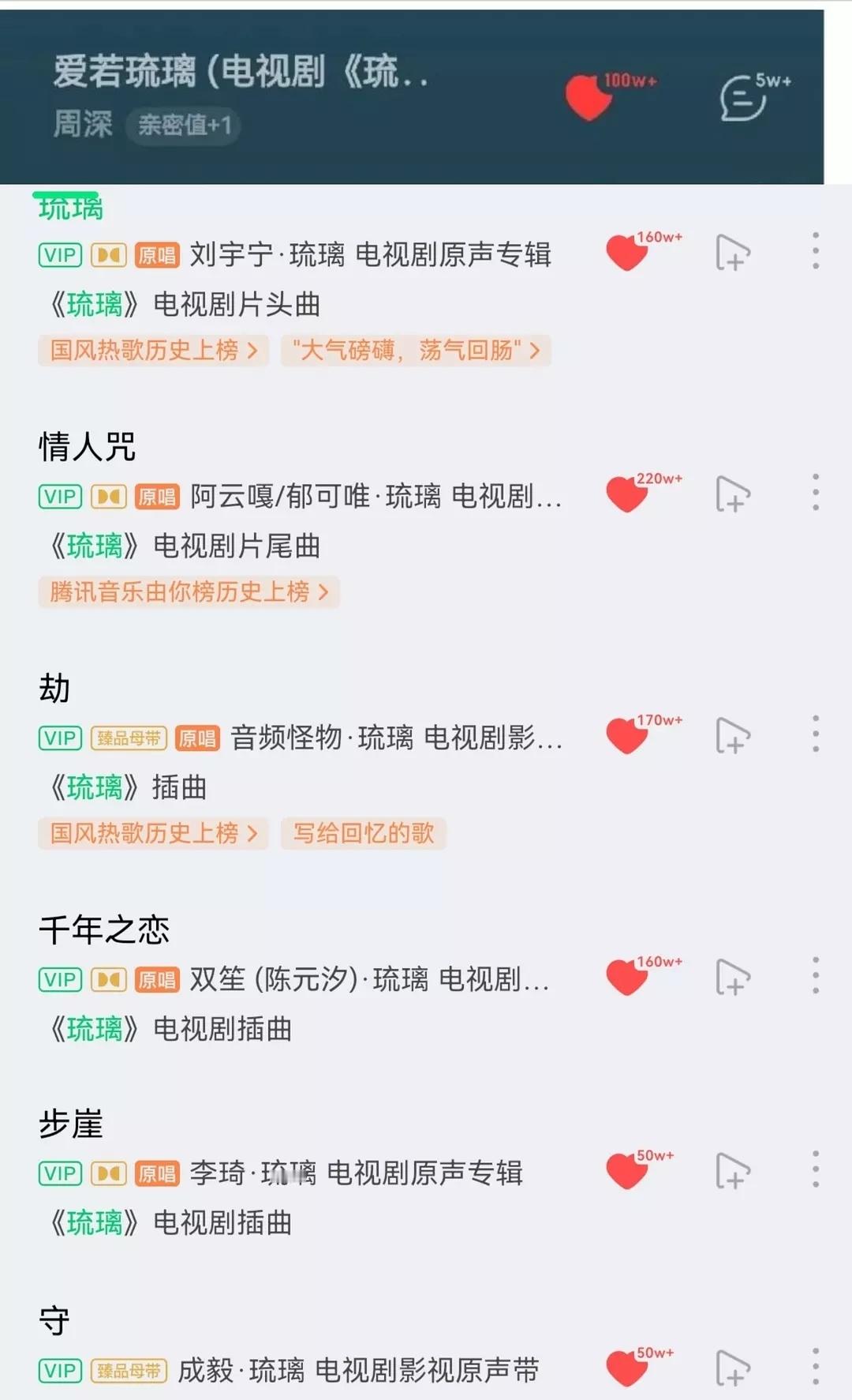 近五年破百万收藏ost有89首，成毅有4部剧共9首歌登榜，其中《琉璃》就有5首《