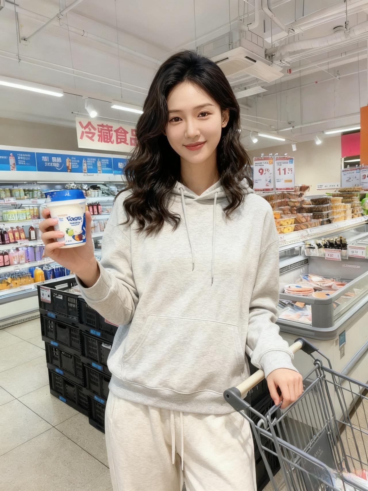 手拿酸奶立中庭，风软香微透薄棂。
袖底寒轻春尚早，车旁影淡月初明。
幽怀暗逐云千