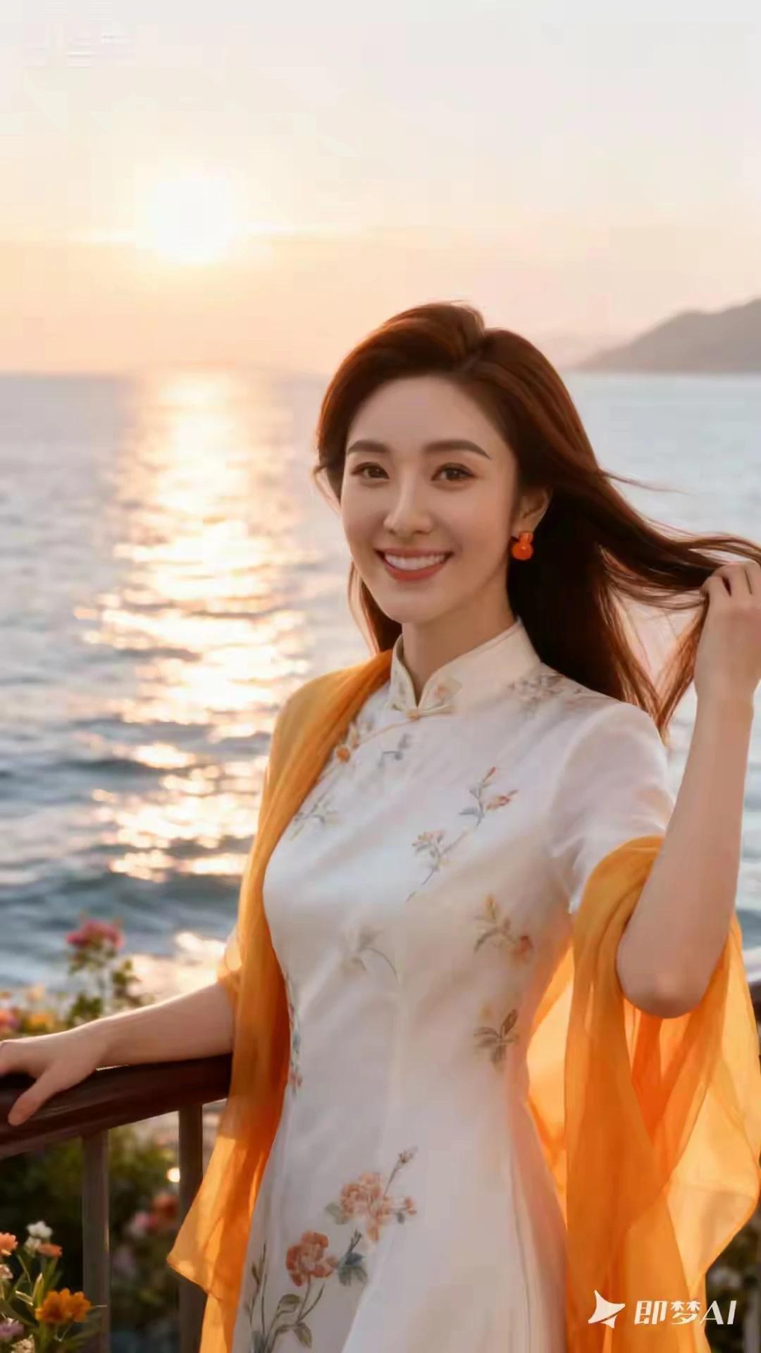 落日吻海巾轻扬，
温软浸成帧晚凉。