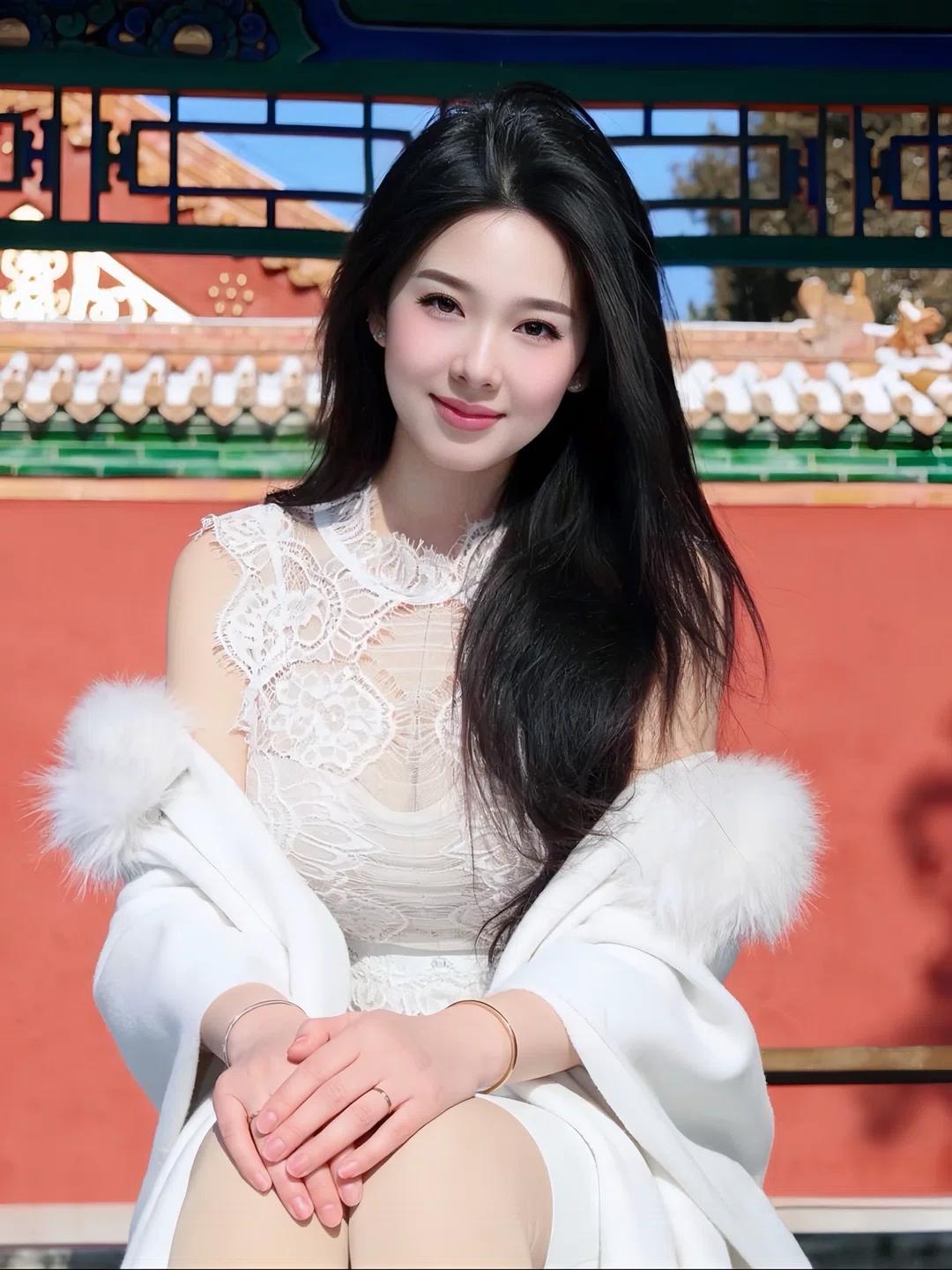 《雪境佳人》
松枝托着初雪簌簌轻颤时，她正倚着赭色木栏整理流苏披肩。霜色蕾丝领口