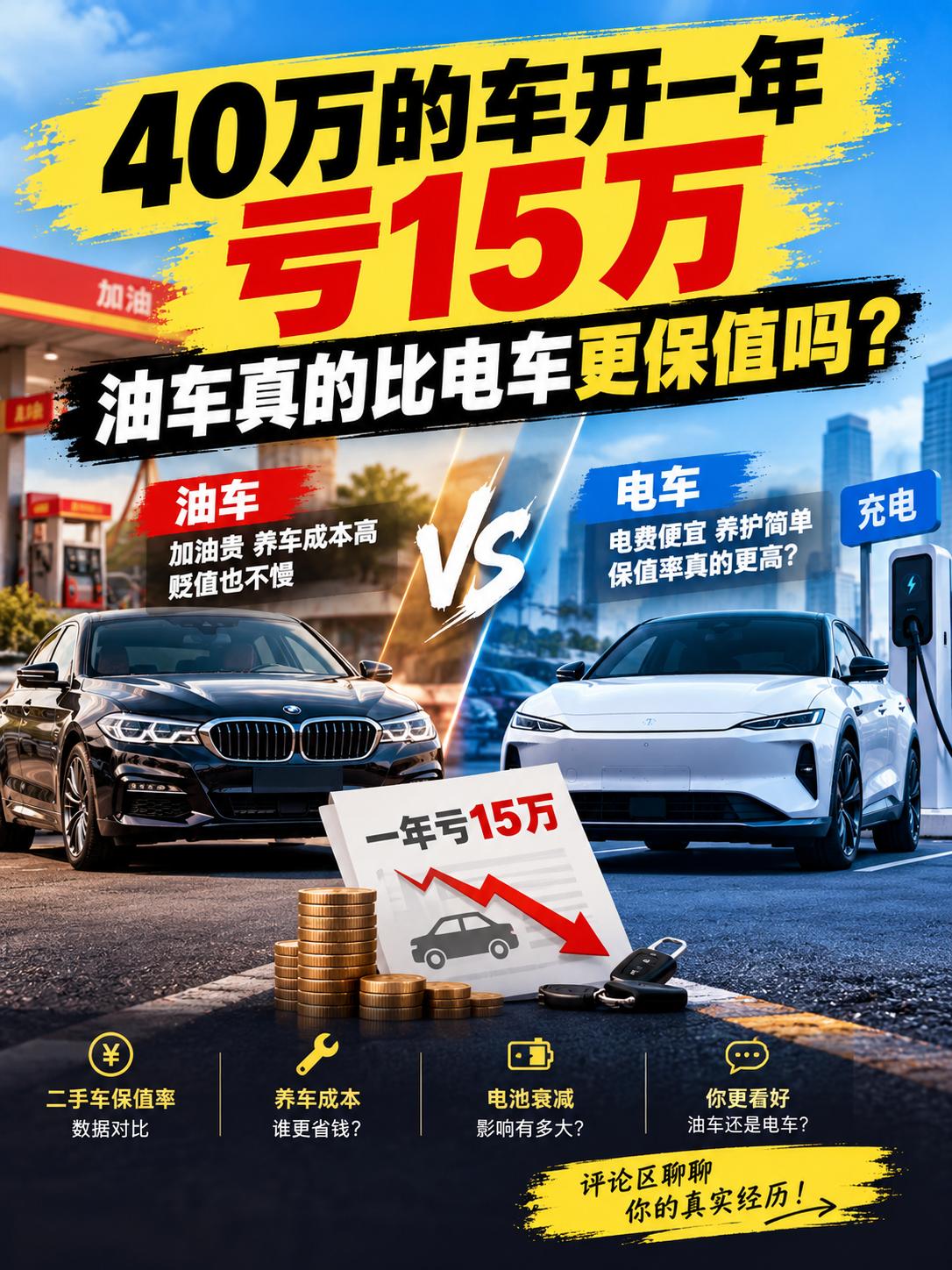 40万的车开一年亏15万，油车真的更保值？
很多人买车时都有一个想法：电车掉价快