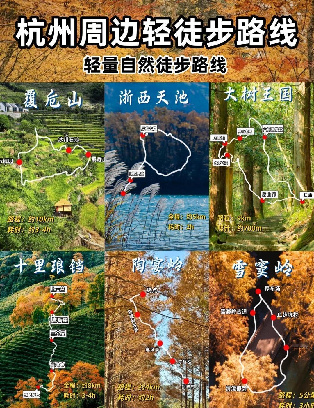 杭州周边轻徒步｜短途自然秘境路线
秋意渐浓，亲子、新手也想出发户外
今天整理了六