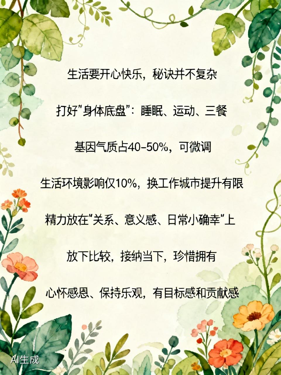 生活要开心快乐，秘诀并不复杂。
首先得打好“身体底盘”，保证睡眠、坚持运动、吃好