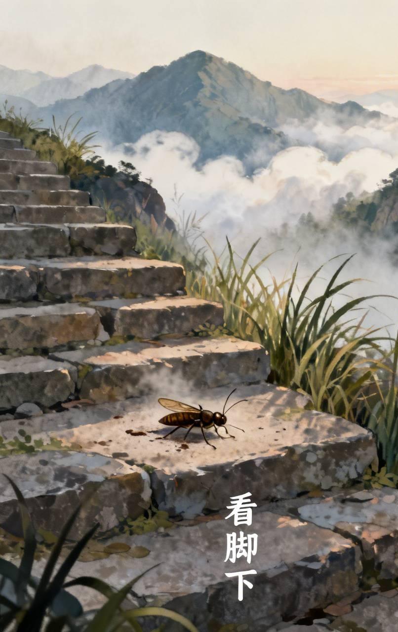 看脚下
清晨登山，石阶上常有被踩扁的小虫。林清玄将其拾起放入草堆，并常怀“看脚下