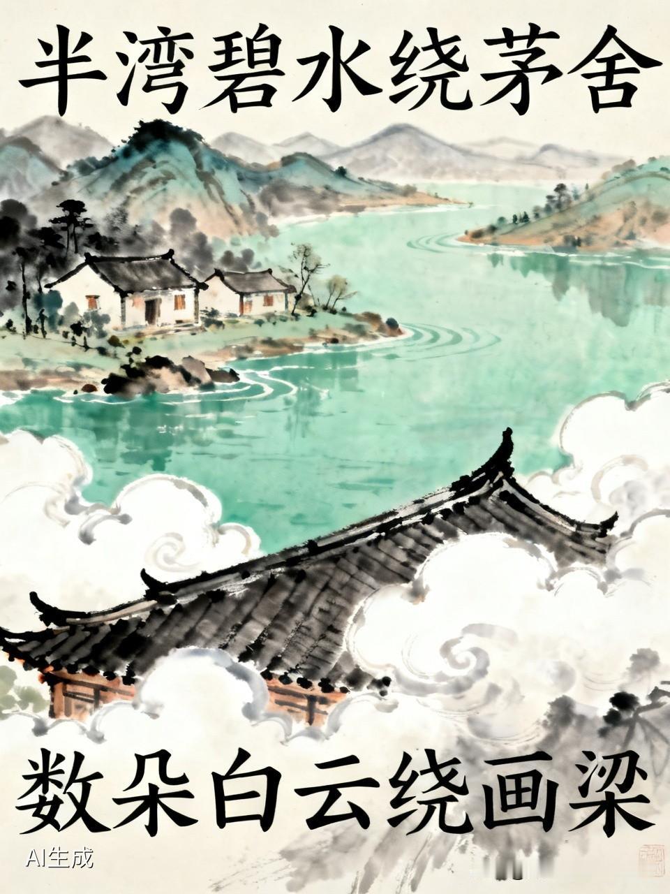 上联：半湾碧水绕茅舍，有请下联下联，数朵白云绕画梁