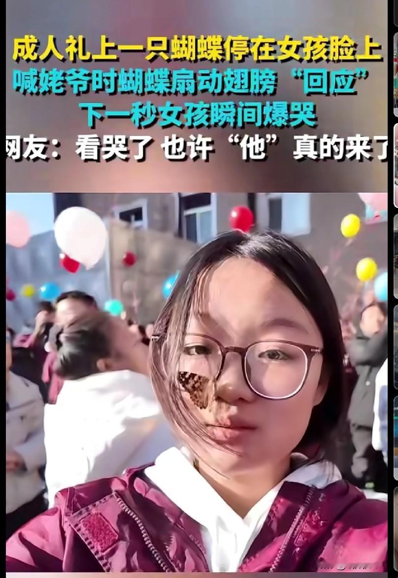成人礼上蝴蝶落在女孩脸上，她喊“姥爷”时蝴蝶扇了翅膀，下一秒女孩爆哭…
 
这一